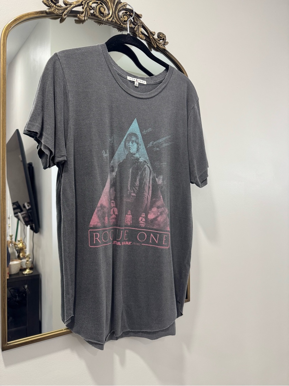 Junk Food Clothing Rogue One Graphic Tee - Charcoal with Teal & Pink Print
